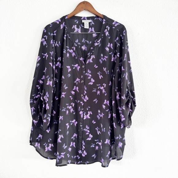 Catherines Tops - Butterfly Roll Tab Blouse 2X 22/24 Catherines Black Purple Art-to-Wear Shirt Lux